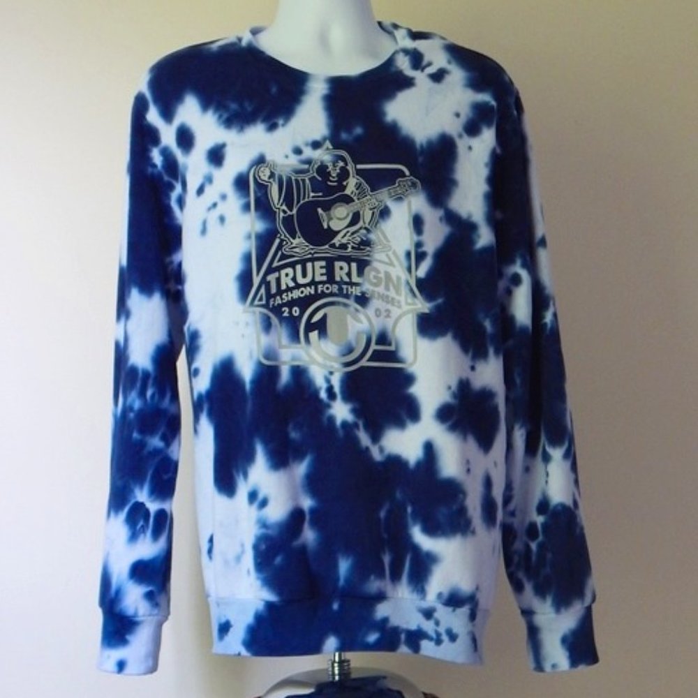 NWT MEN'S TRUE RELIGION BUDDHA RLGN Premium Fleece Sweatshirt  Tie Dye Blue XL